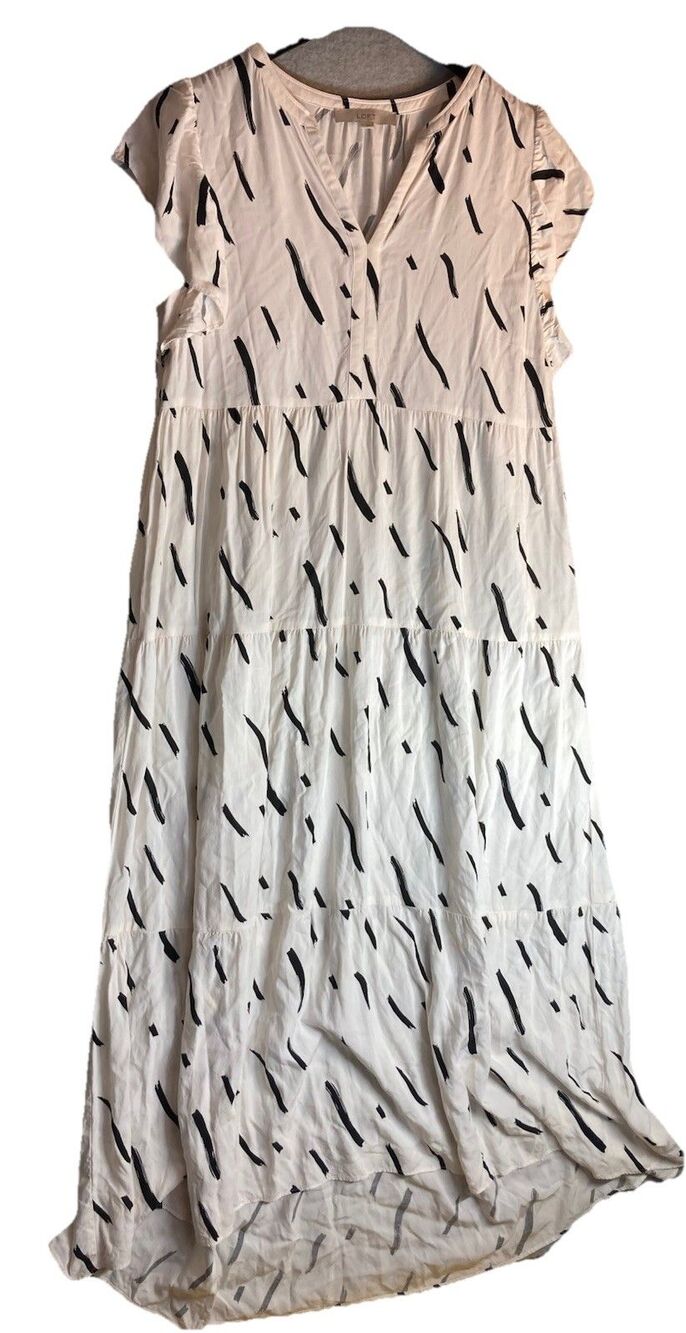 The Loft Dress Sz L Maxi Tiered White Black Stripe Ruffle Sleeve Flowy Summer